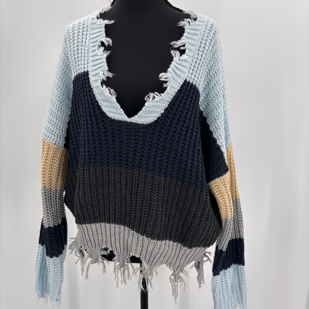 Miracle Cropped Colorblock Distressed Chunky‎ rib Knit Pullover Sweater Womens M